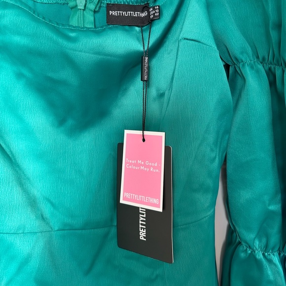 PLT Satin Puff Sleeve Bodycon Dress - Emerald Green - Picture 4 of 9